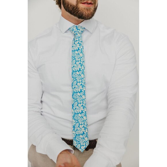 Men's Skinny Tie Floral Print Cotton Necktie Great for Weddings Blue Daisy - Picture 2 of 6